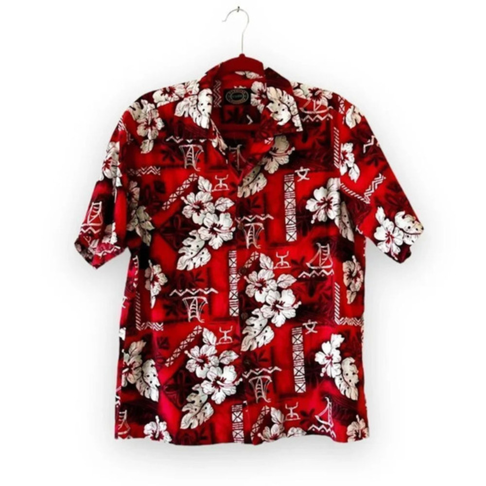 Hawaiian Reserve Tiki Shirt Size Medium Red Cotton Plumeria Hula‎ Luau Coconut M